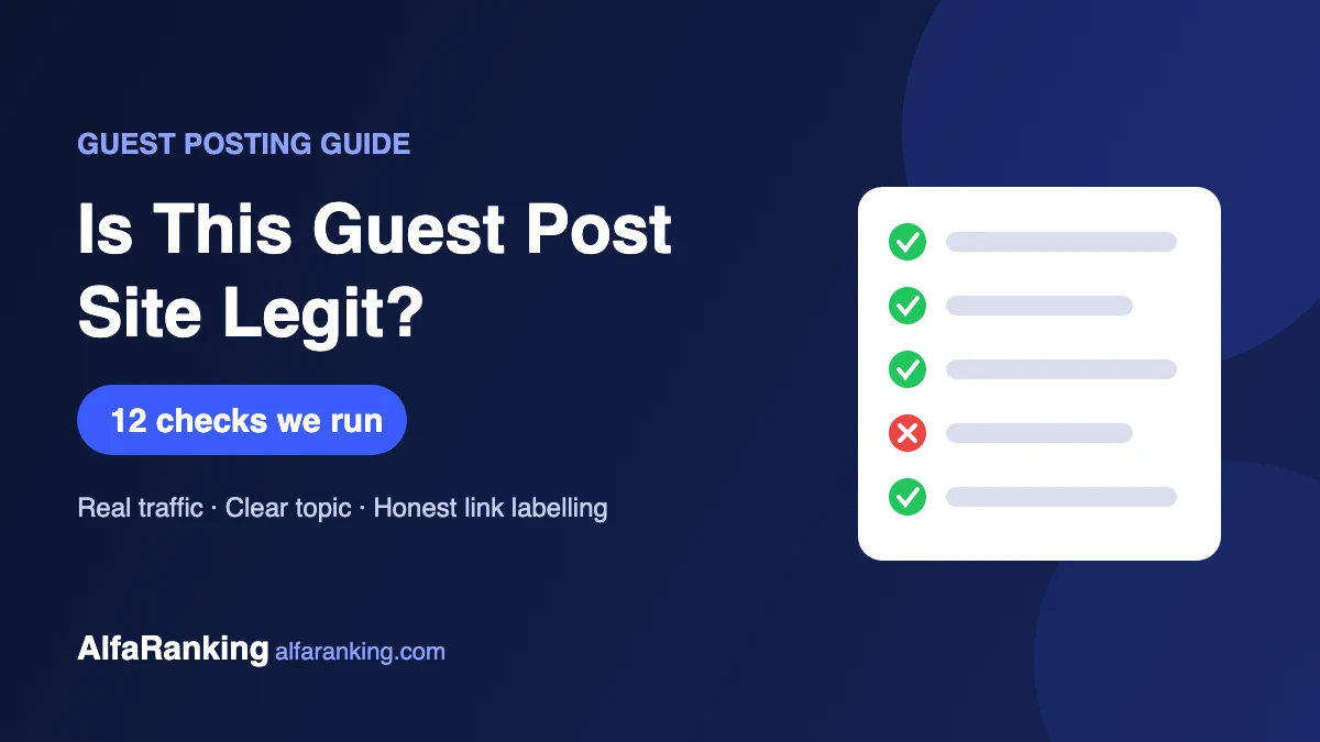 Checklist graphic: how to tell if a guest post site is legit, 12 checks